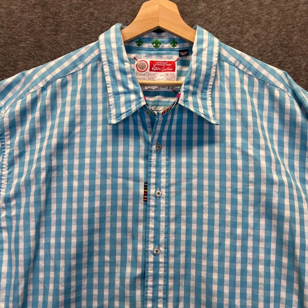 Robert Graham Blue Gingham Embroidered Cotton Button Down Shirt Mens 3XL